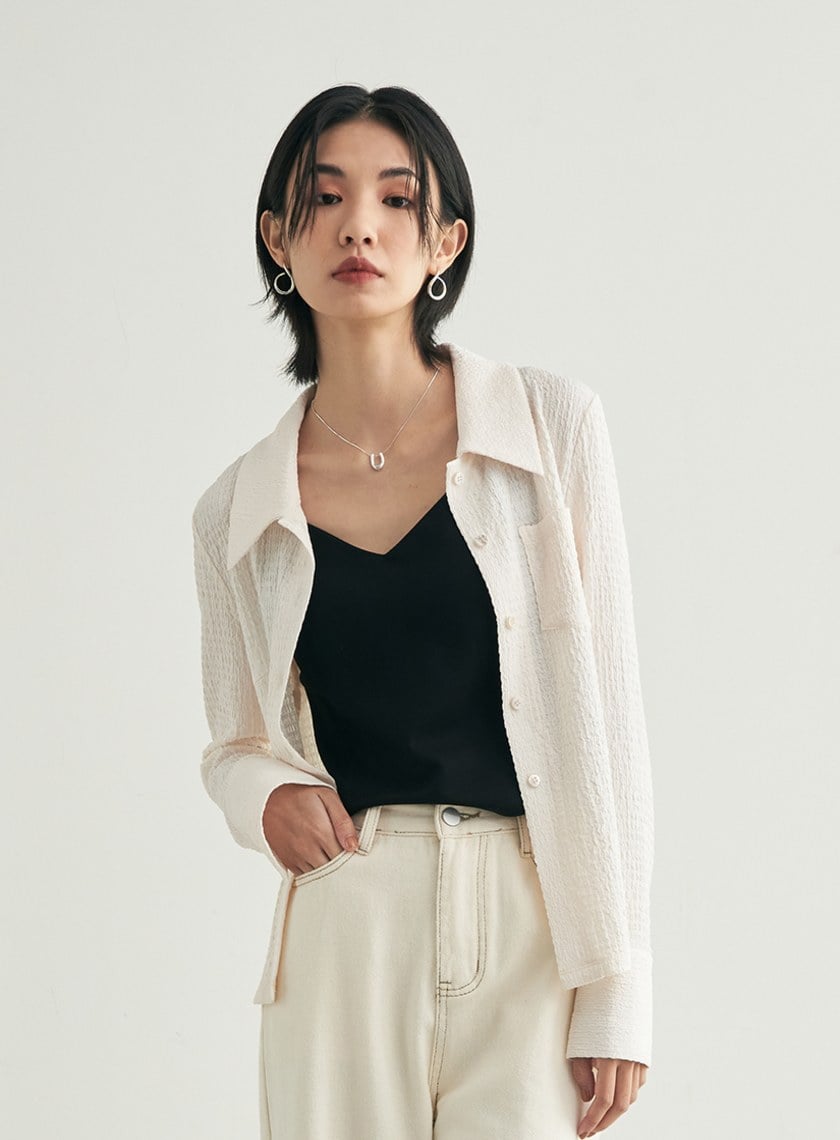 肌理感彈性長袖襯衫上衣